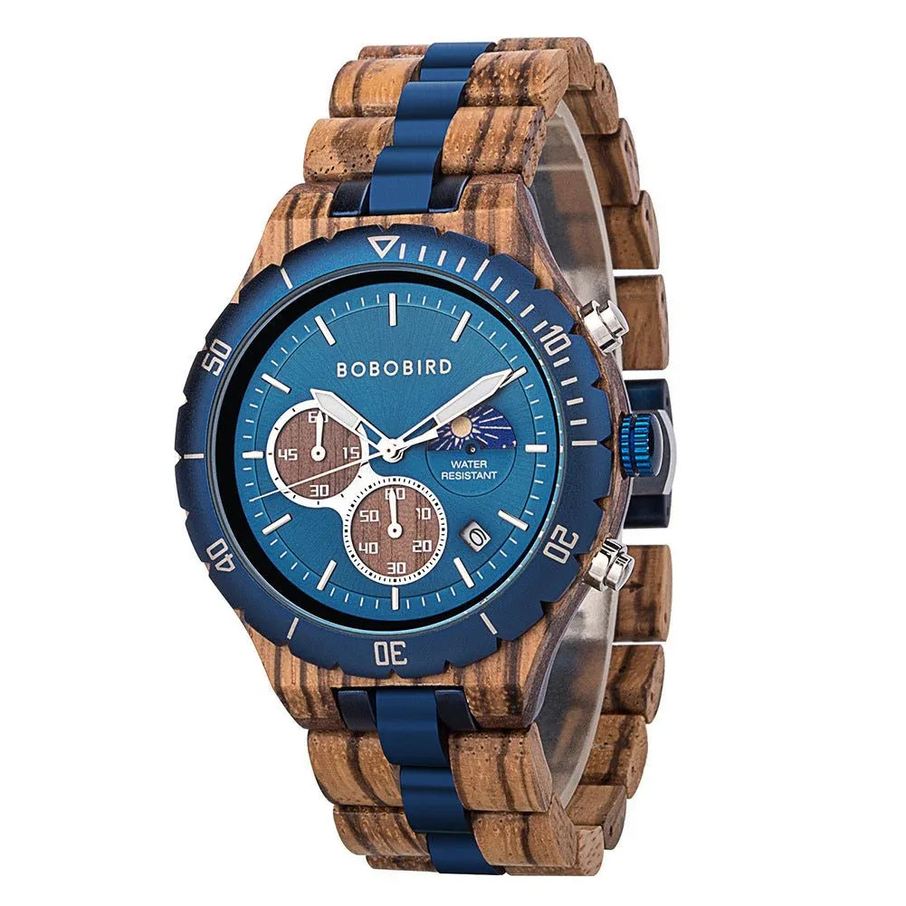 Montre en bois multifonction à quartz gravée pour hommes