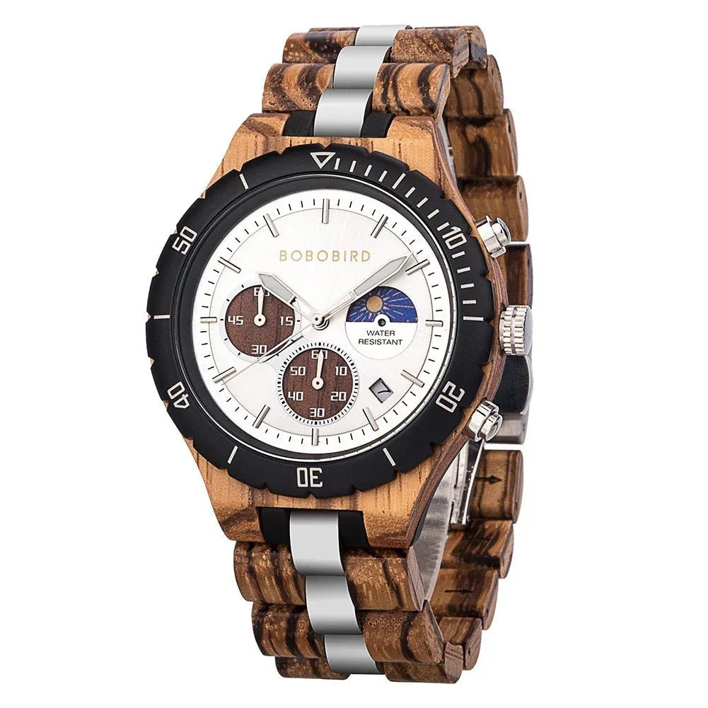 Montre en bois multifonction à quartz gravée pour hommes