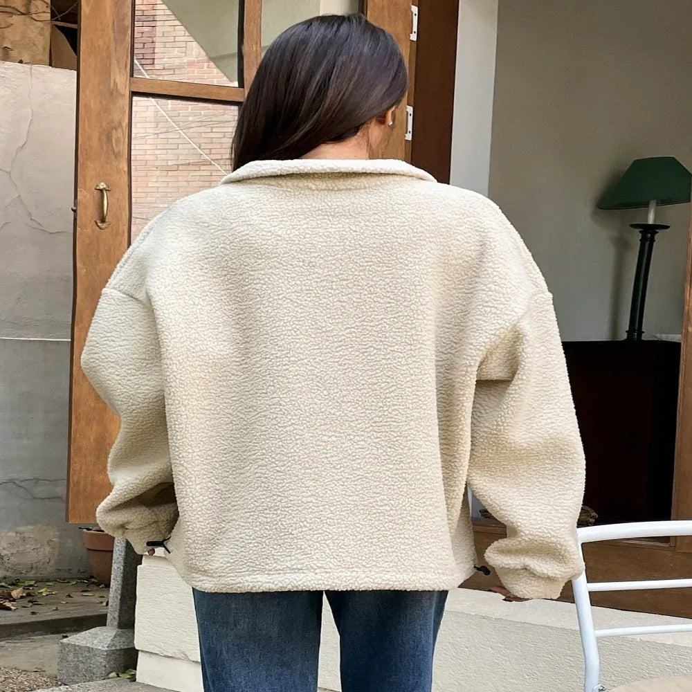Sweat-shirt polaire à demi-fermeture éclair, épaules tombantes et détails rapiécés, hauts à manches longues pour femmes