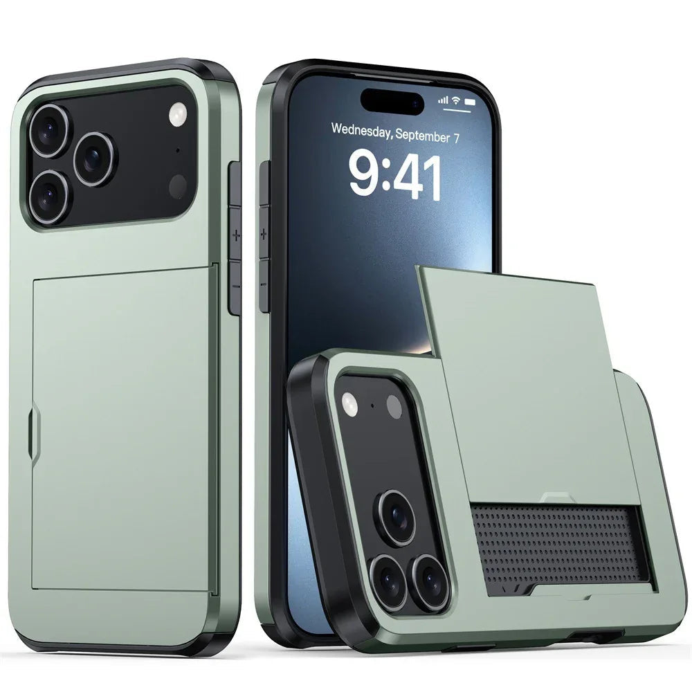 Coque de protection pour téléphone avec couvercle coulissant pour cartes