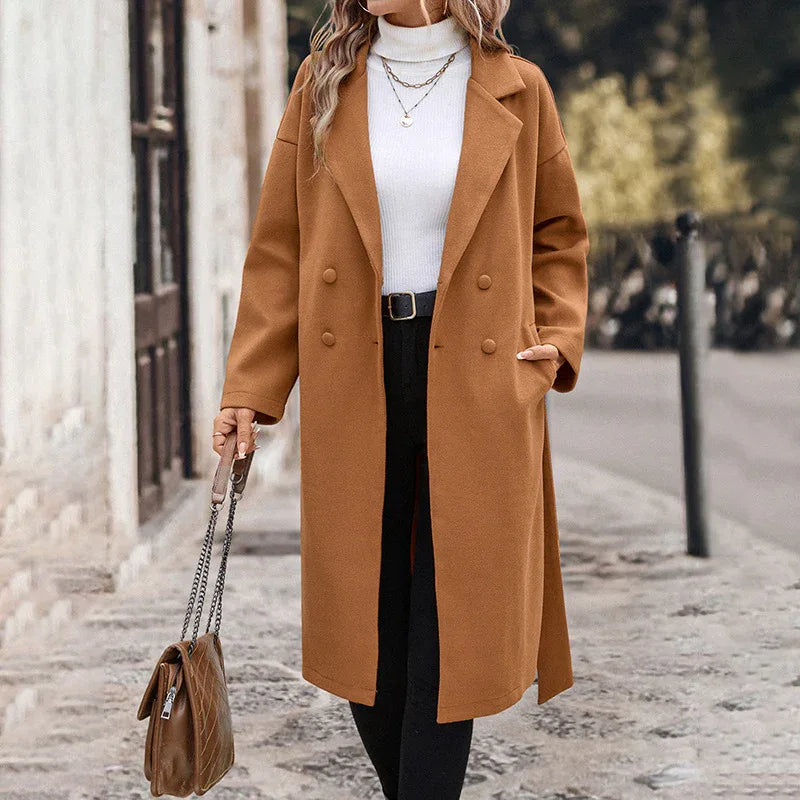 Manteau long en laine de couleur unie à lacets pour femme