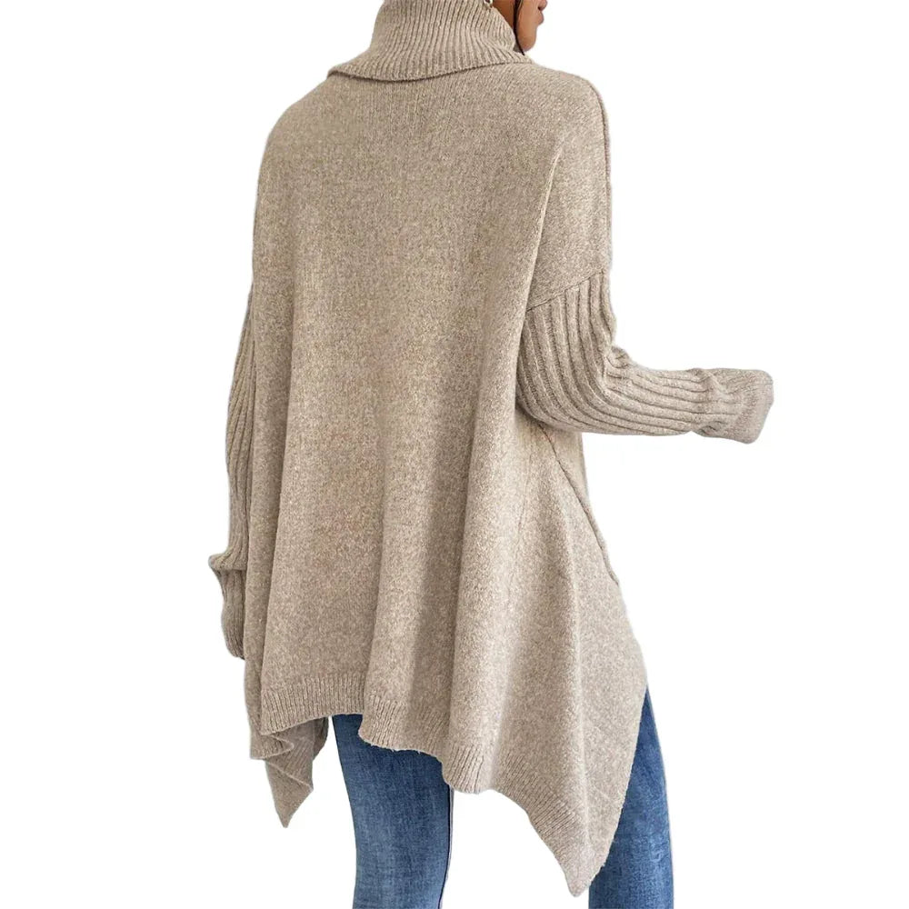 Chandail à col roulé irrégulier Hiver Ample Manches longues Tricoté Hauts Loisirs Chaud Pull Chandail Vêtements pour femmes