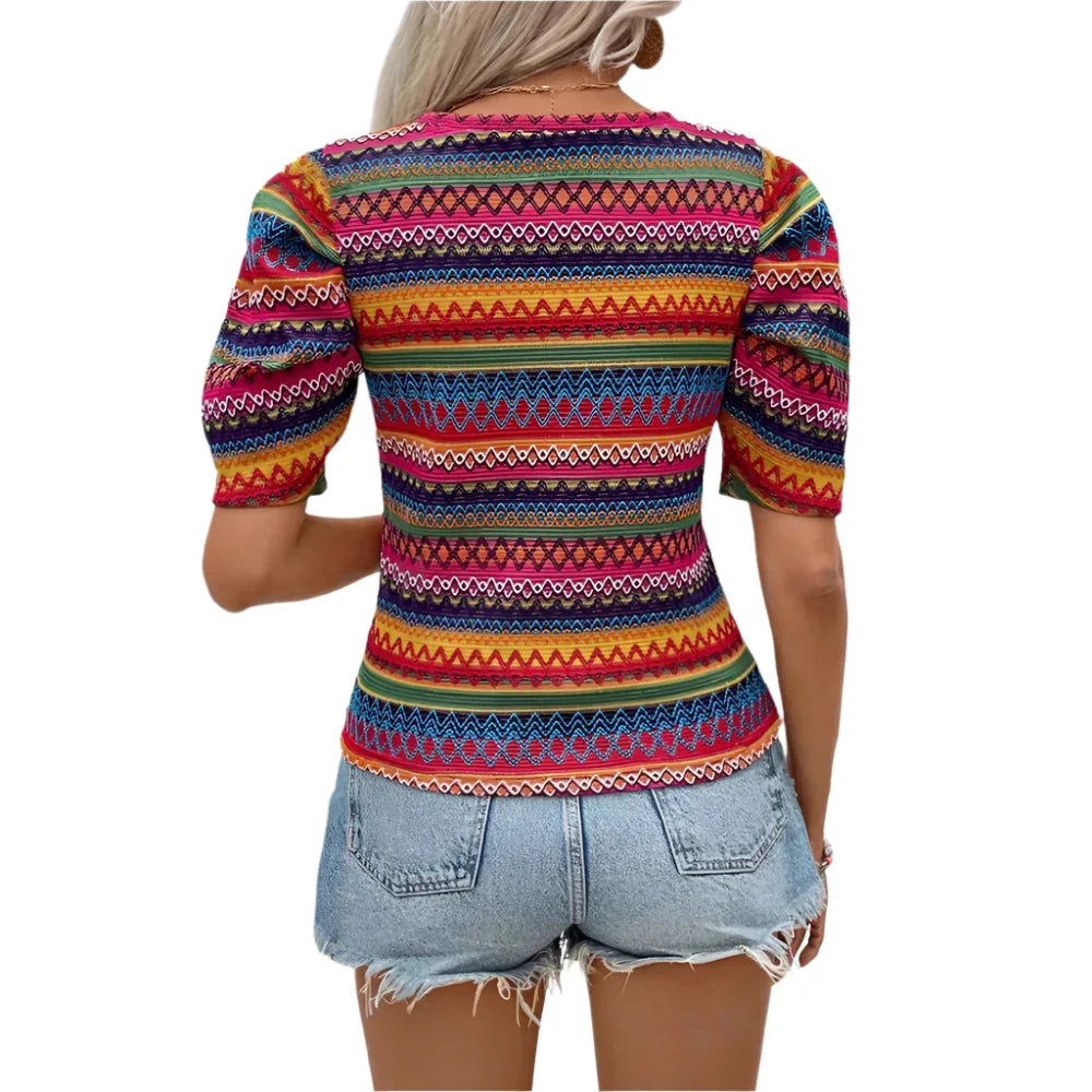 Haut de t-shirt décontracté en tricot bohème à col rond pour femme