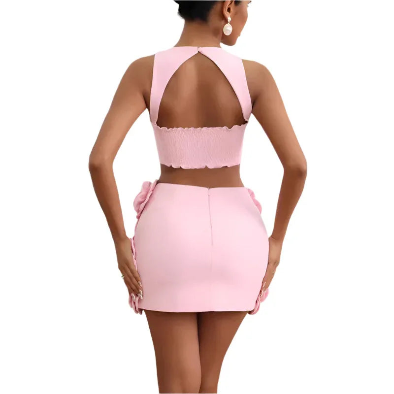 Ensemble de vêtements fashion : Crop top et jupe à fleurs décoratives