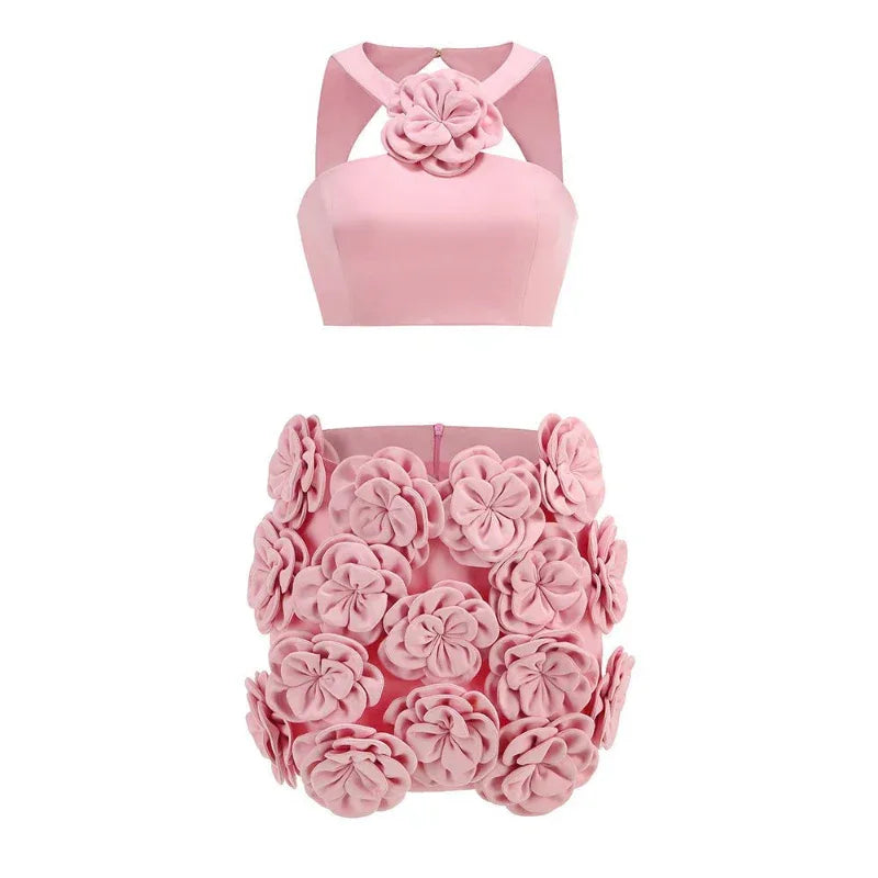 Ensemble de vêtements fashion : Crop top et jupe à fleurs décoratives