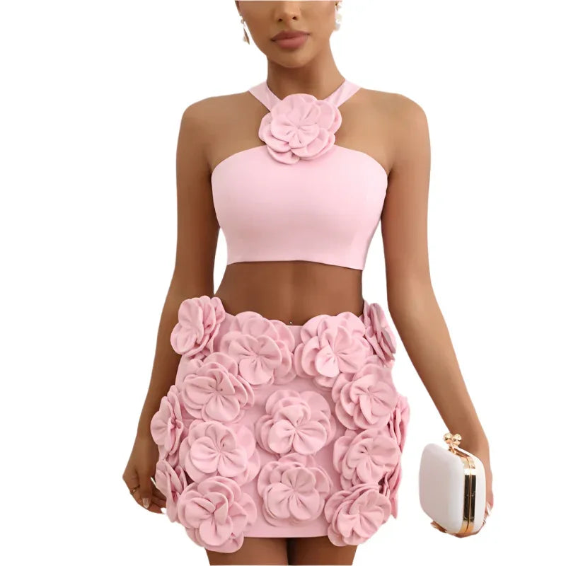 Ensemble de vêtements fashion : Crop top et jupe à fleurs décoratives