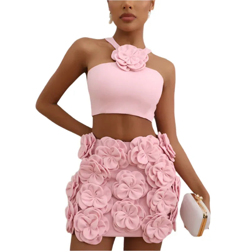 Ensemble de vêtements fashion : Crop top et jupe à fleurs décoratives