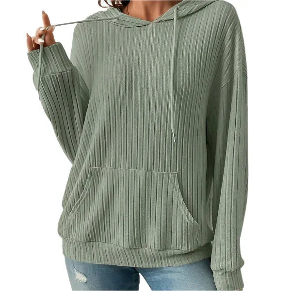 Sweat-shirt à capuche long avec cordon de serrage, poches et tricot uni pour femme