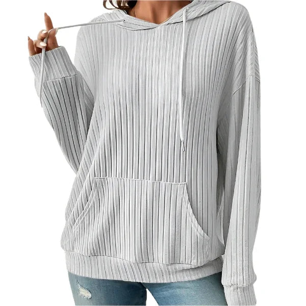 Sweat-shirt à capuche long avec cordon de serrage, poches et tricot uni pour femme
