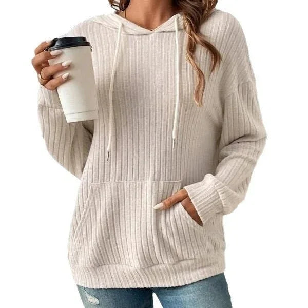 Sweat-shirt à capuche long avec cordon de serrage, poches et tricot uni pour femme