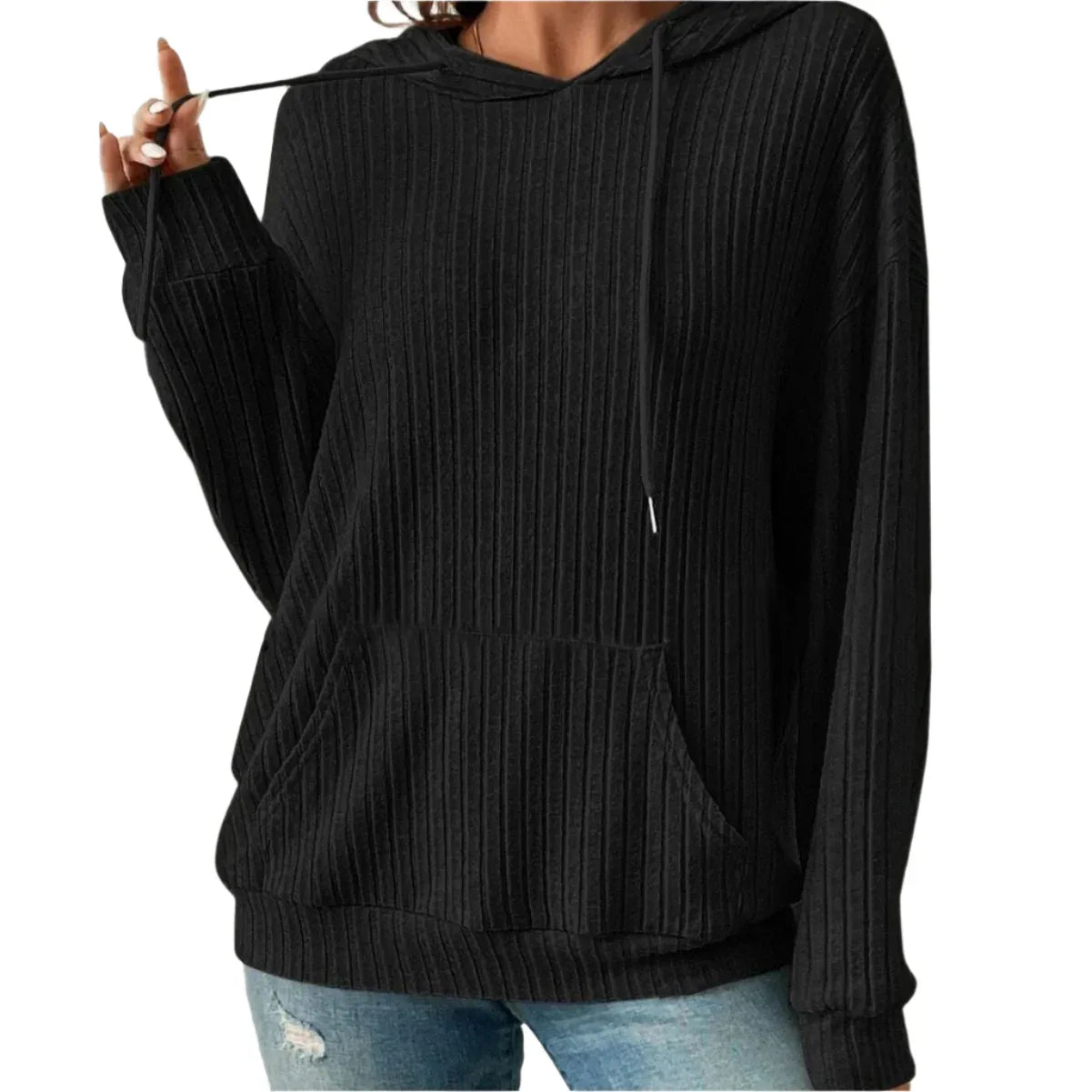 Sweat-shirt à capuche long avec cordon de serrage, poches et tricot uni pour femme