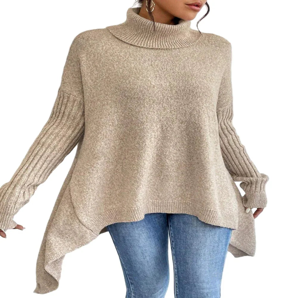 Chandail à col roulé irrégulier Hiver Ample Manches longues Tricoté Hauts Loisirs Chaud Pull Chandail Vêtements pour femmes