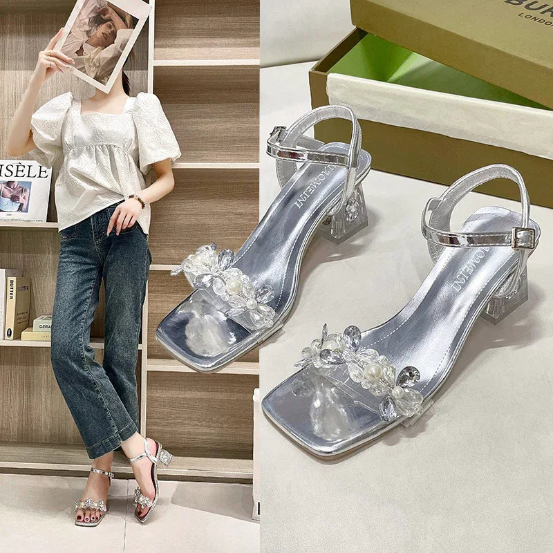 Chunky Heel Strass-Riemen Outdoor High Heels Sandalen