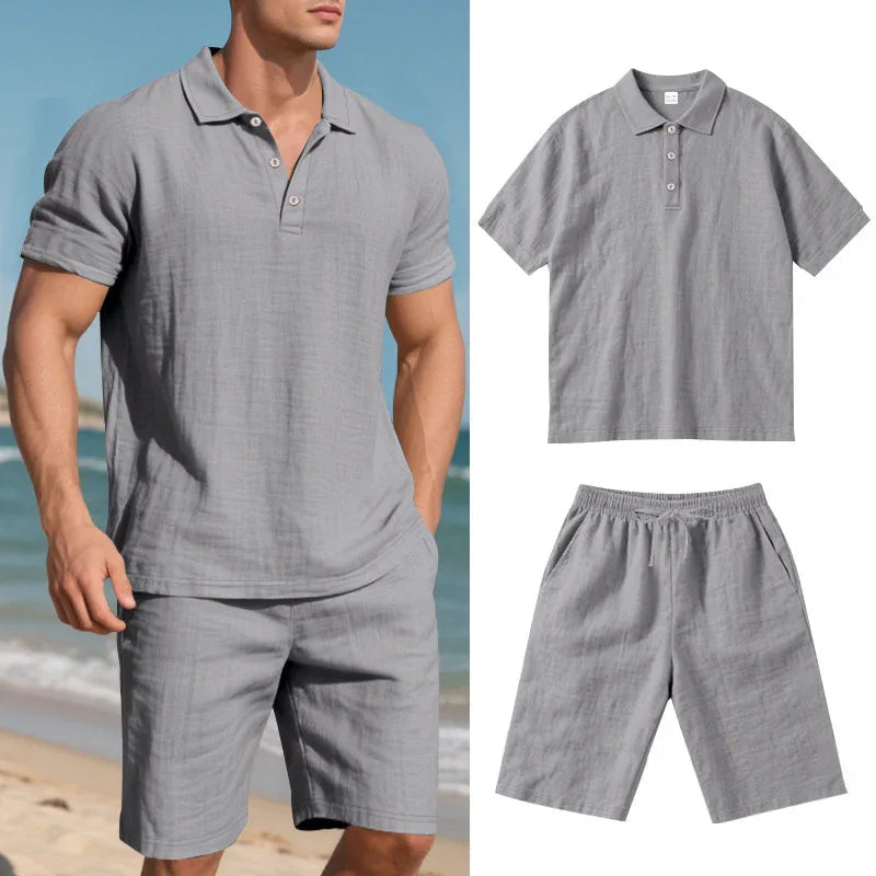 Ensemble de vêtements d'été décontracté en lin ample et respirant pour hommes, comprenant une chemise à manches courtes et un short