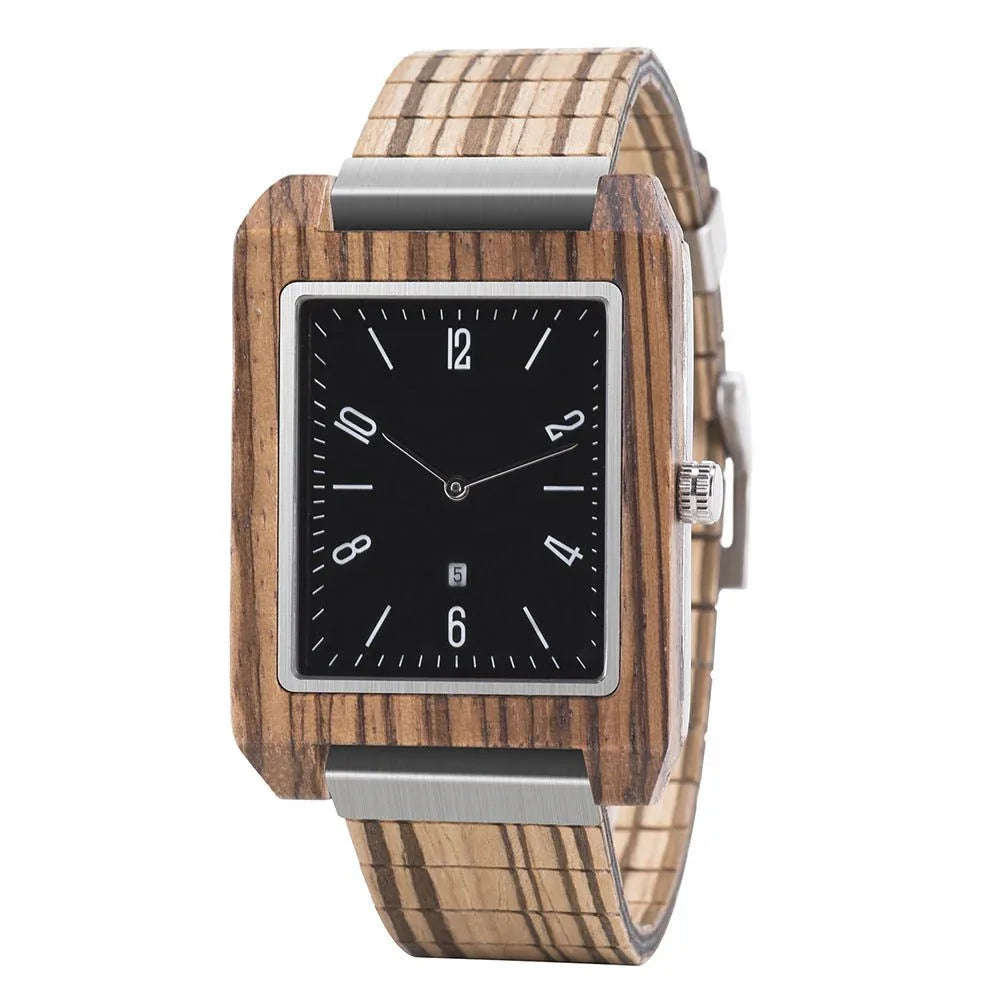 Montre rectangulaire à quartz en bois faite à la main pour homme