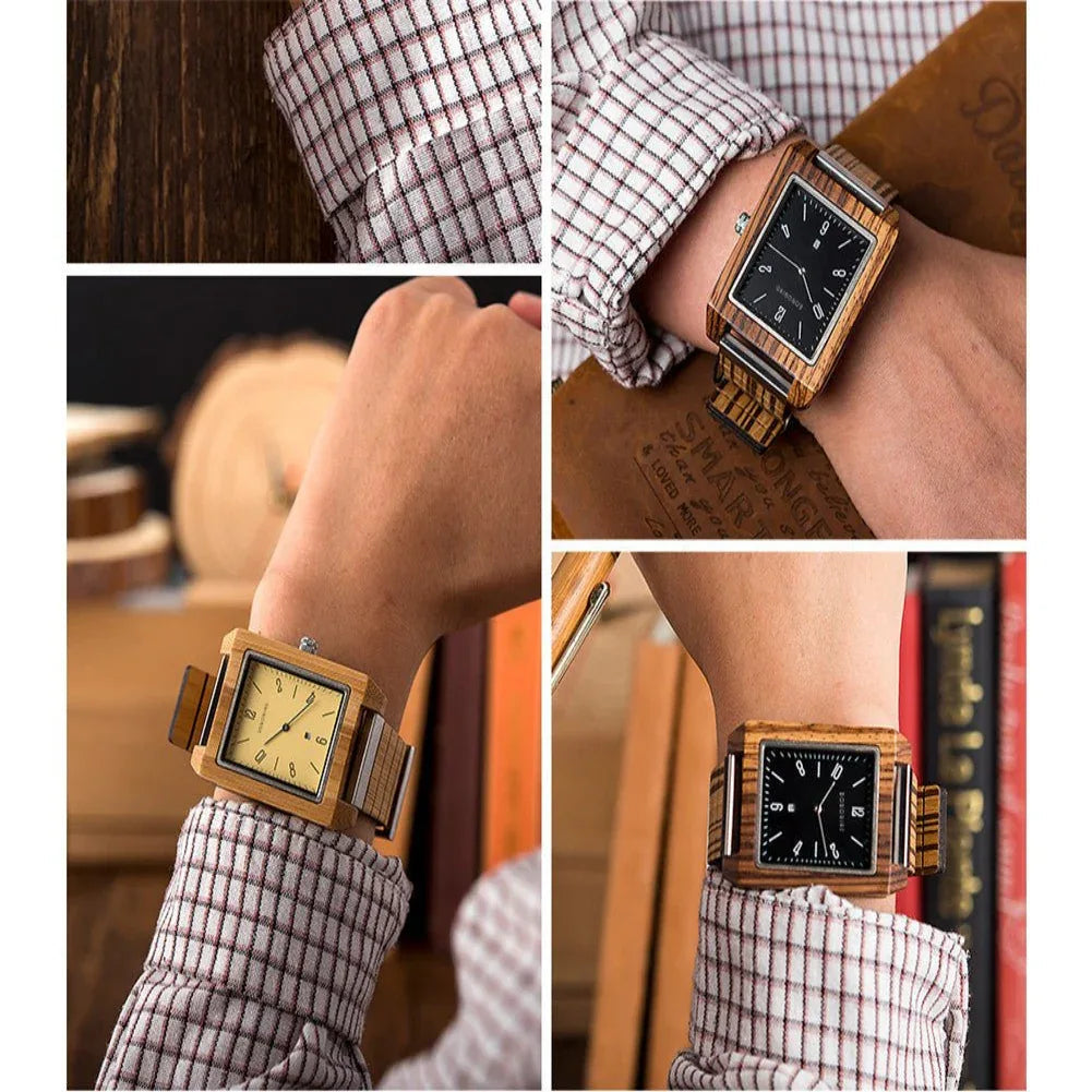 Montre rectangulaire à quartz en bois faite à la main pour homme