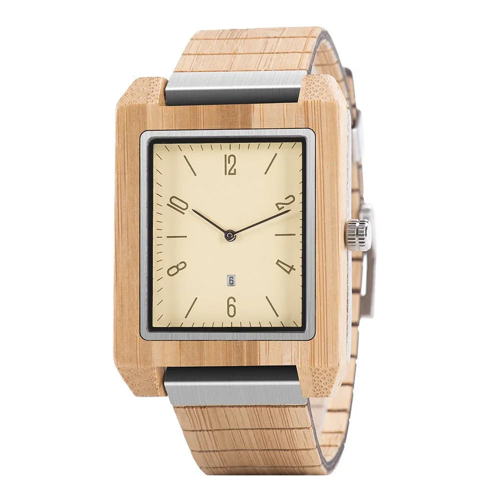 Montre rectangulaire à quartz en bois faite à la main pour homme