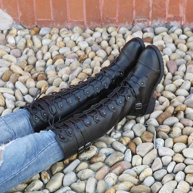 Bottes hautes à lacets pour femmes à bout rond