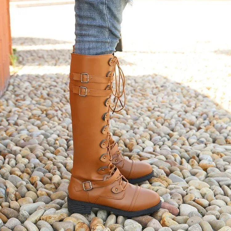 Bottes hautes à lacets pour femmes à bout rond