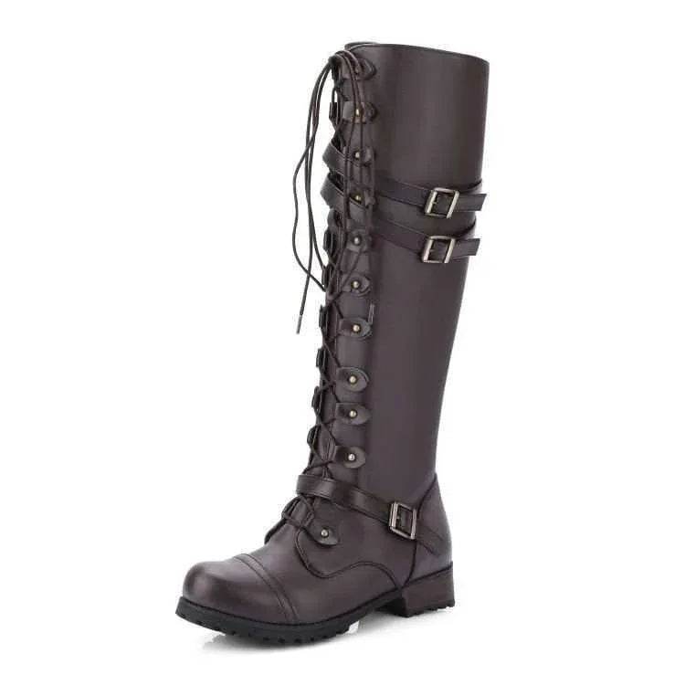 Bottes hautes à lacets pour femmes à bout rond