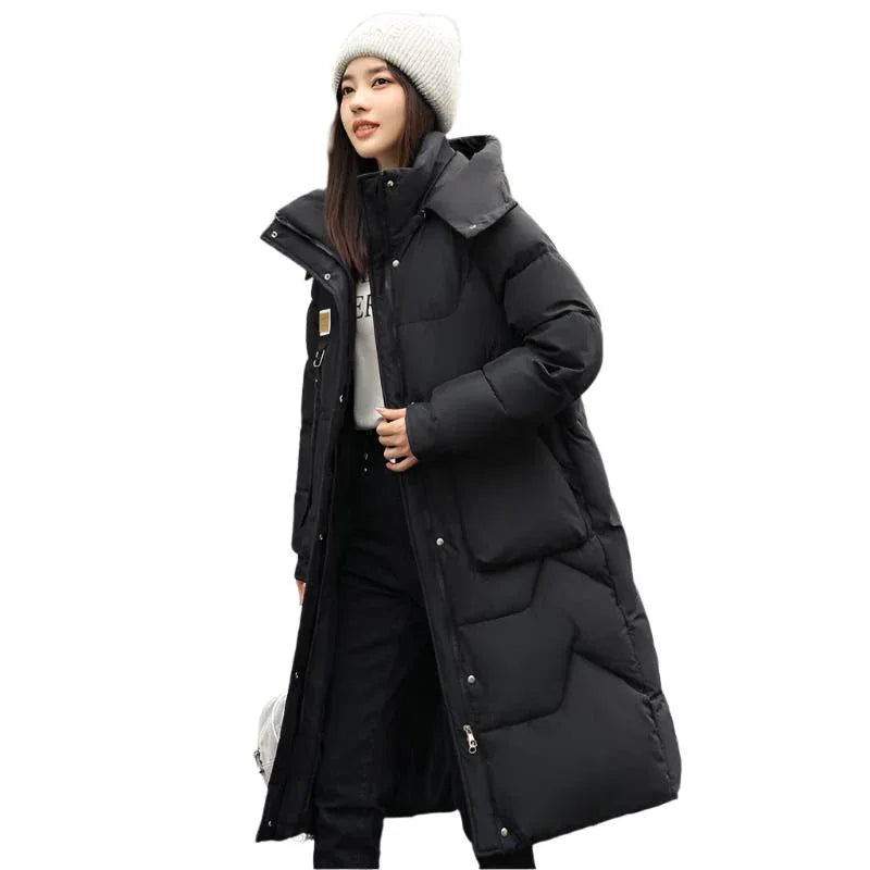 Lange wattierte Damen-Winterjacke mit Kapuze