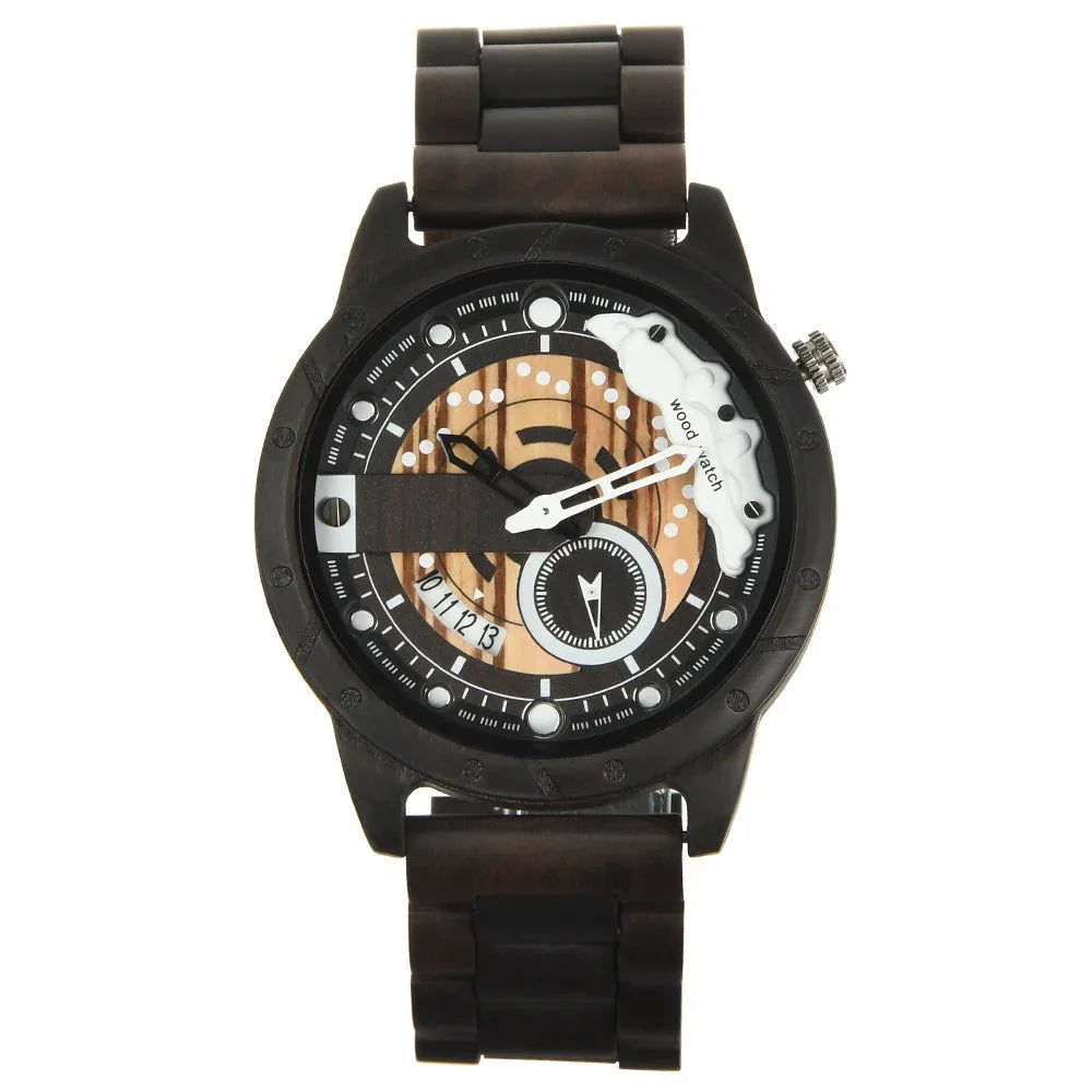 Herrenuhr mit großem Zifferblatt, Quarzwerk und Holzgehäuse