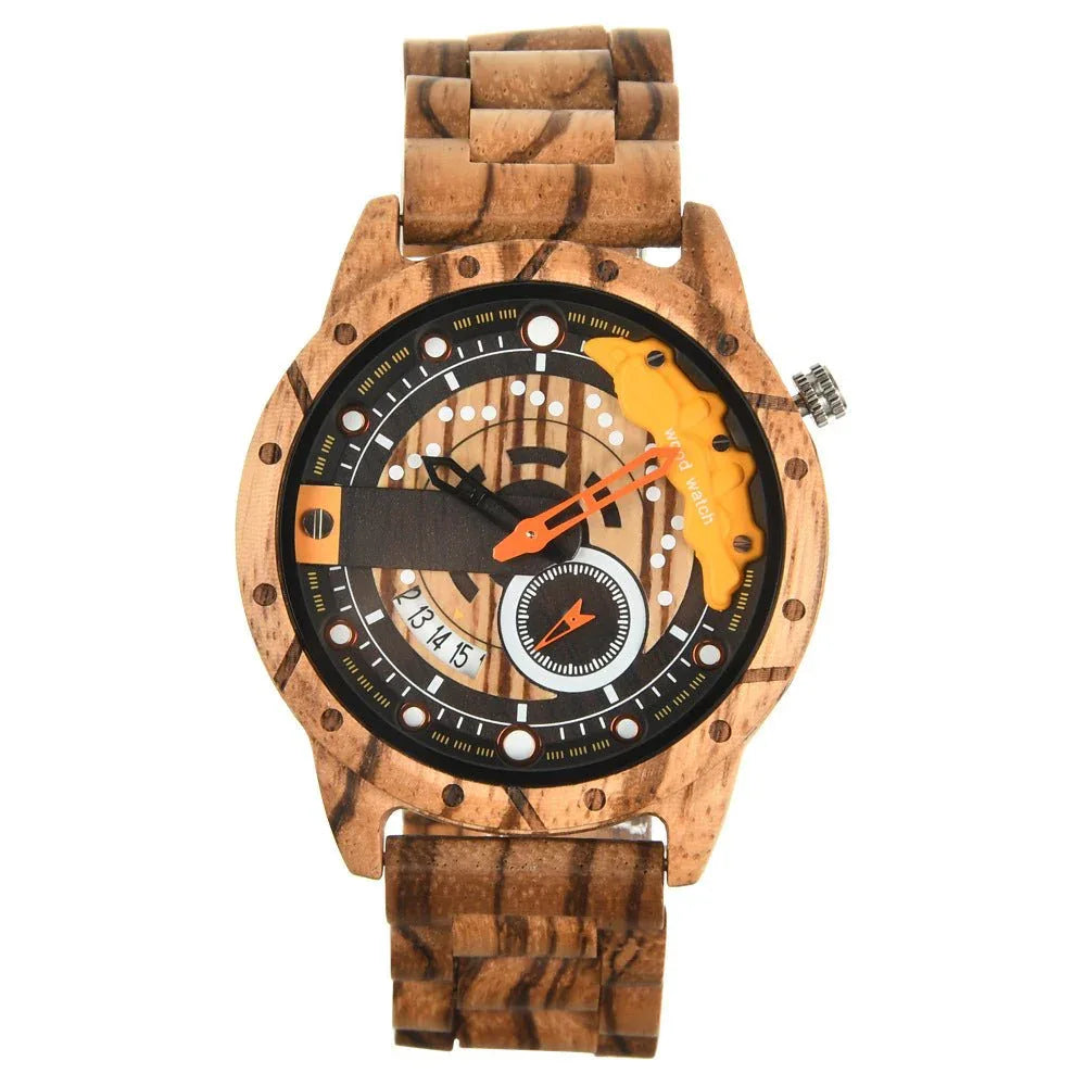 Herrenuhr mit großem Zifferblatt, Quarzwerk und Holzgehäuse