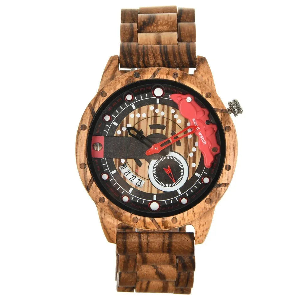 Herrenuhr mit großem Zifferblatt, Quarzwerk und Holzgehäuse
