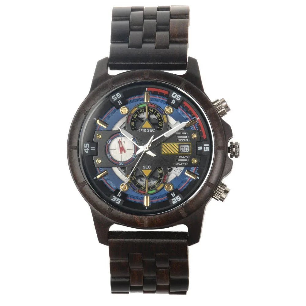 Montre en bois à quartz multifonction pour homme