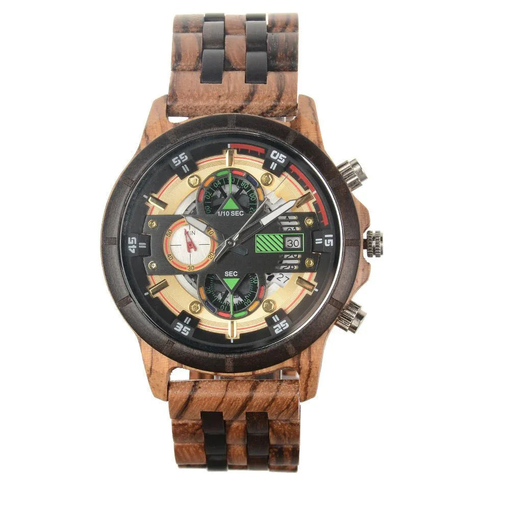 Montre en bois à quartz multifonction pour homme