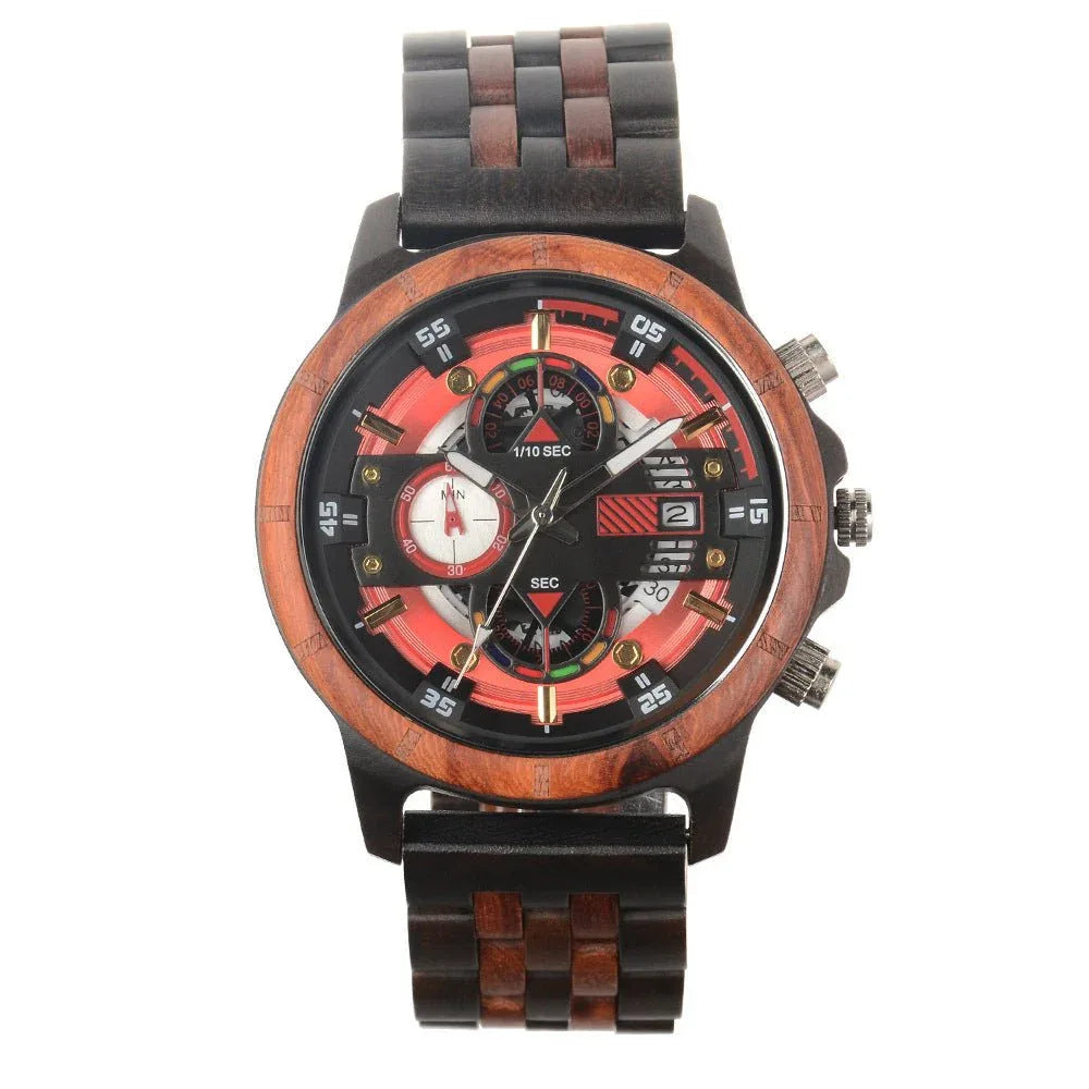 Montre en bois à quartz multifonction pour homme