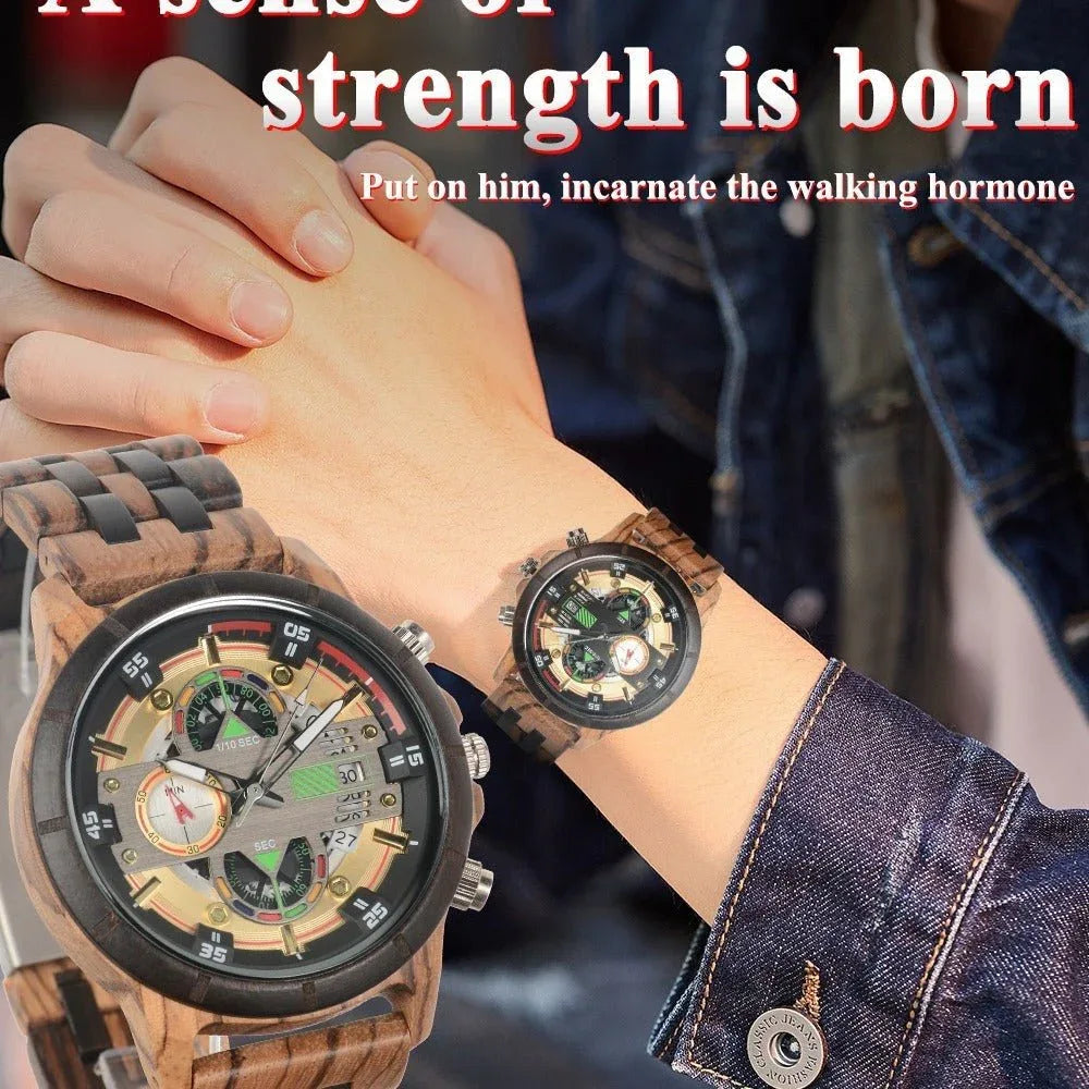 Montre en bois à quartz multifonction pour homme