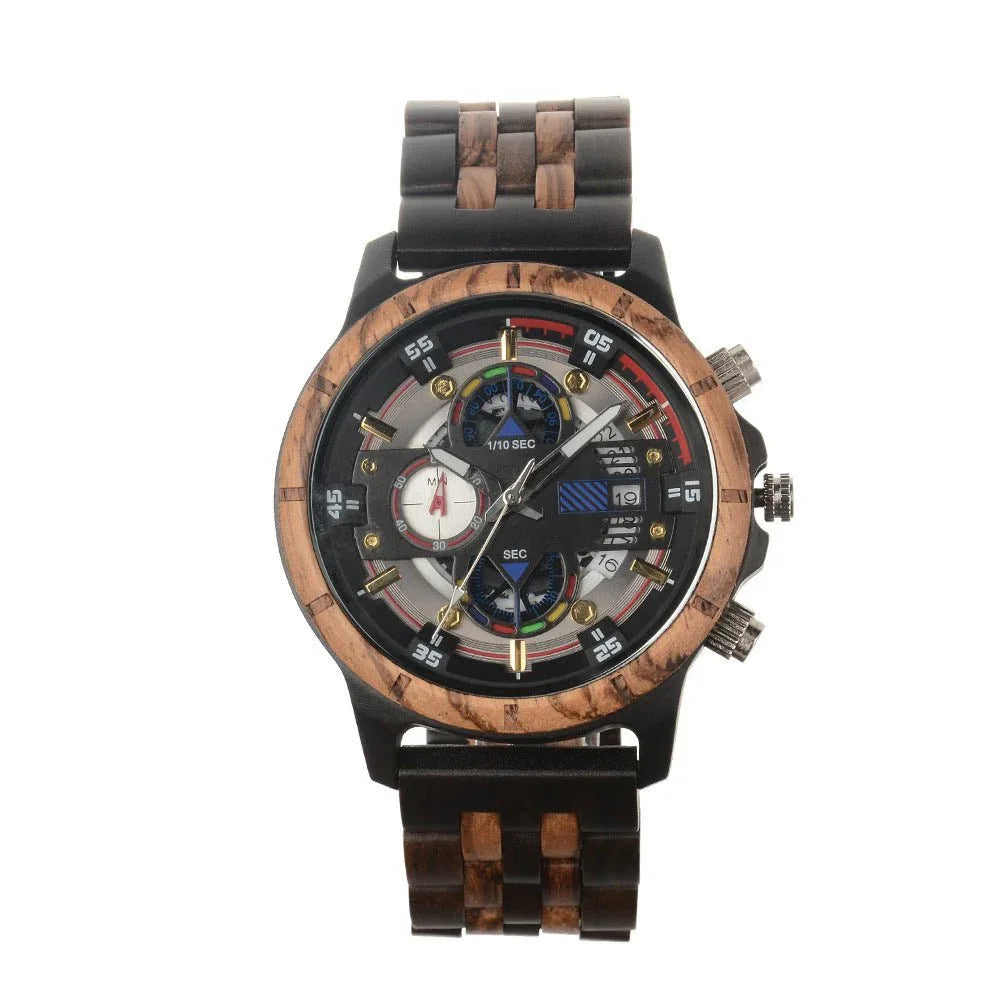 Montre en bois à quartz multifonction pour homme