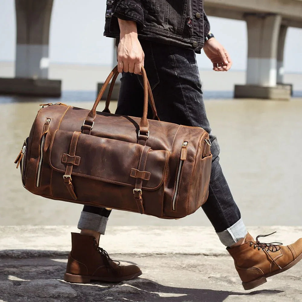 Sac bandoulière rétro pour homme en cuir de vachette véritable, sac de voyage ou de week-end