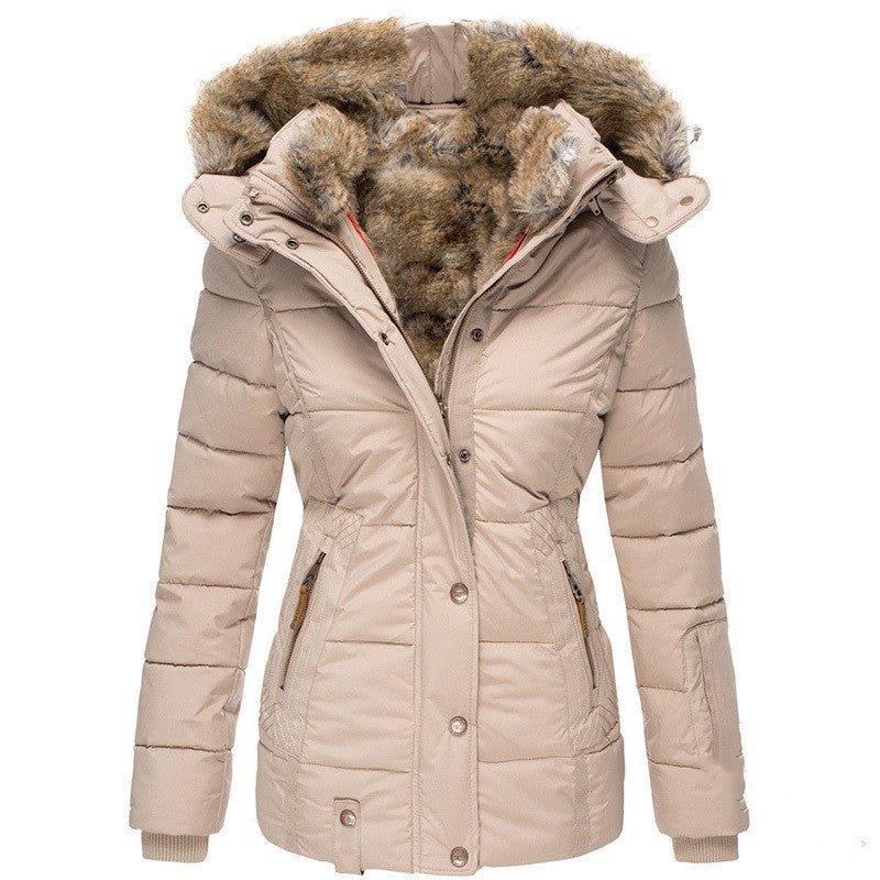Schlanke, warme Kapuzen-Winterjacke mit Fell für Damen