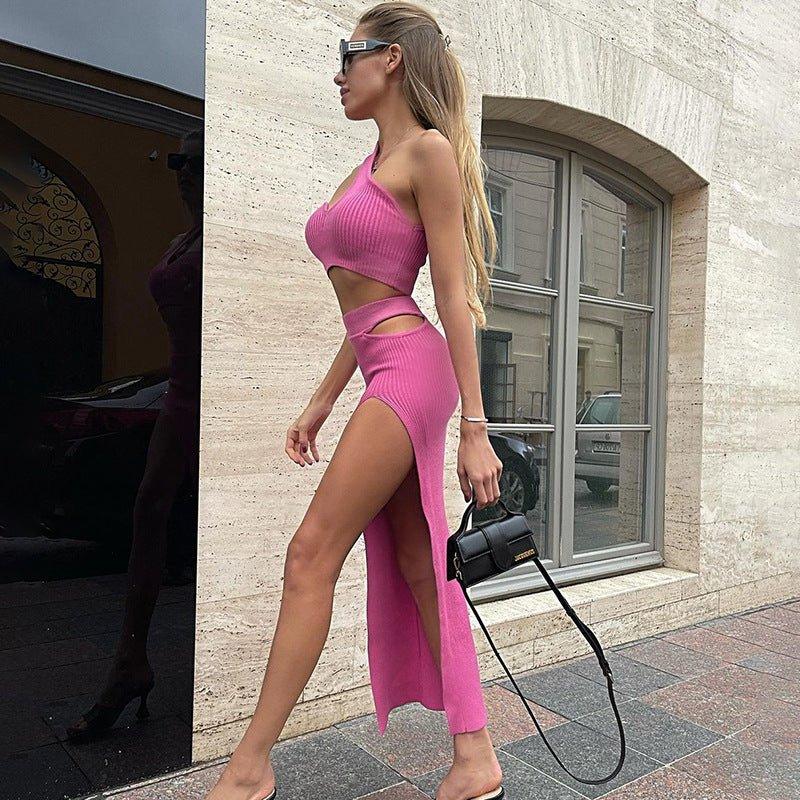 Ensemble de vêtements pour femmes deux pièces moulant avec top court à épaules dénudées et jupe taille haute ajourée