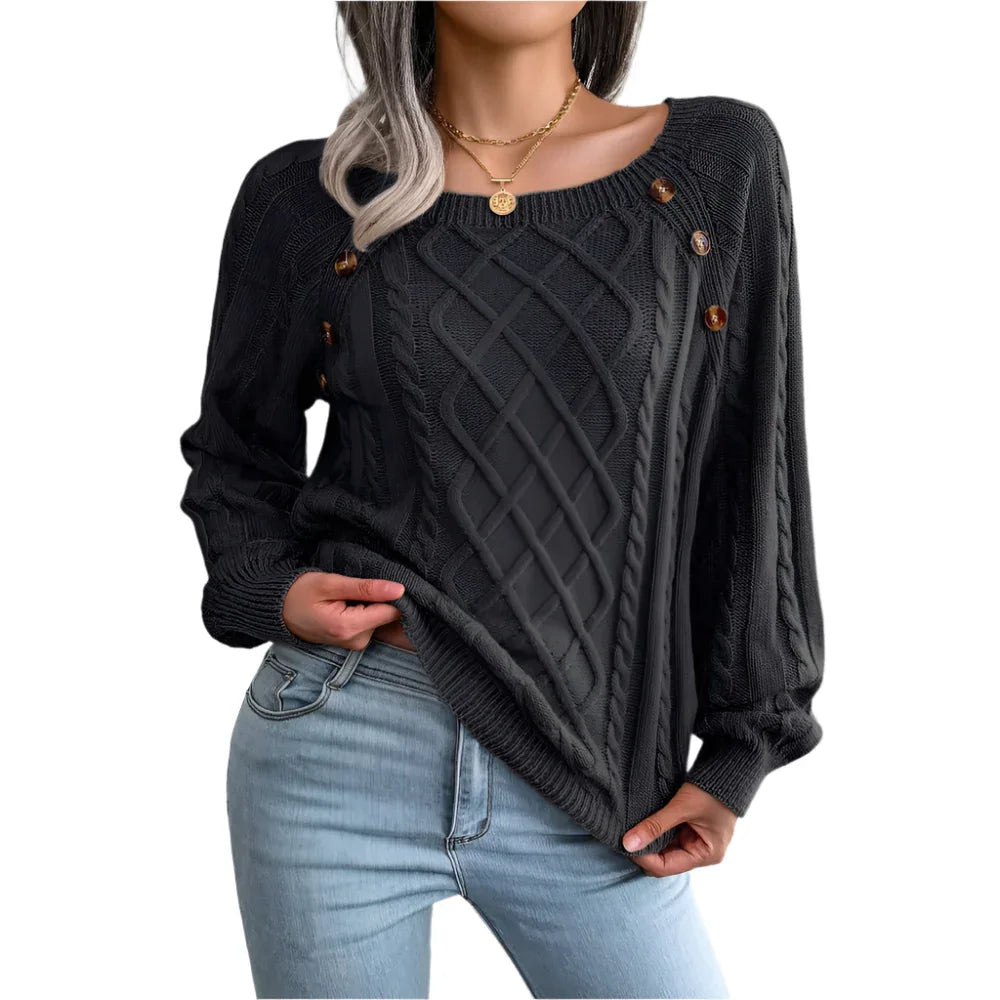 Quadratischer Ausschnitt Strickpullover mit Knopfdesign Warme Langarm-Oberteile für Damen Winterkleidung