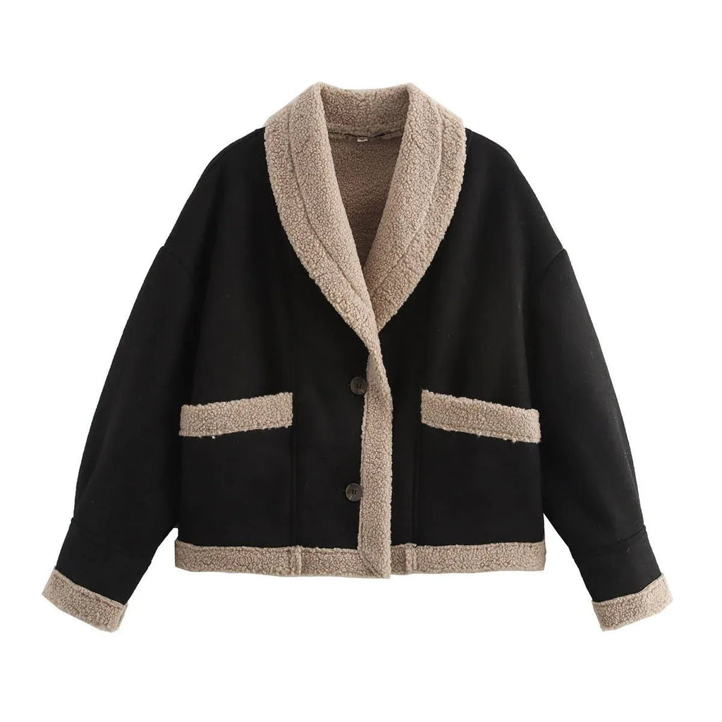 Wildleder-Mantel mit Reverskragen und Taschen Wintermodejacke für Damen