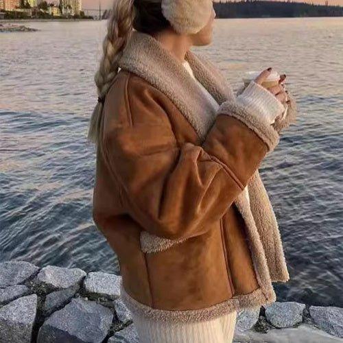 Wildleder-Mantel mit Reverskragen und Taschen Wintermodejacke für Damen
