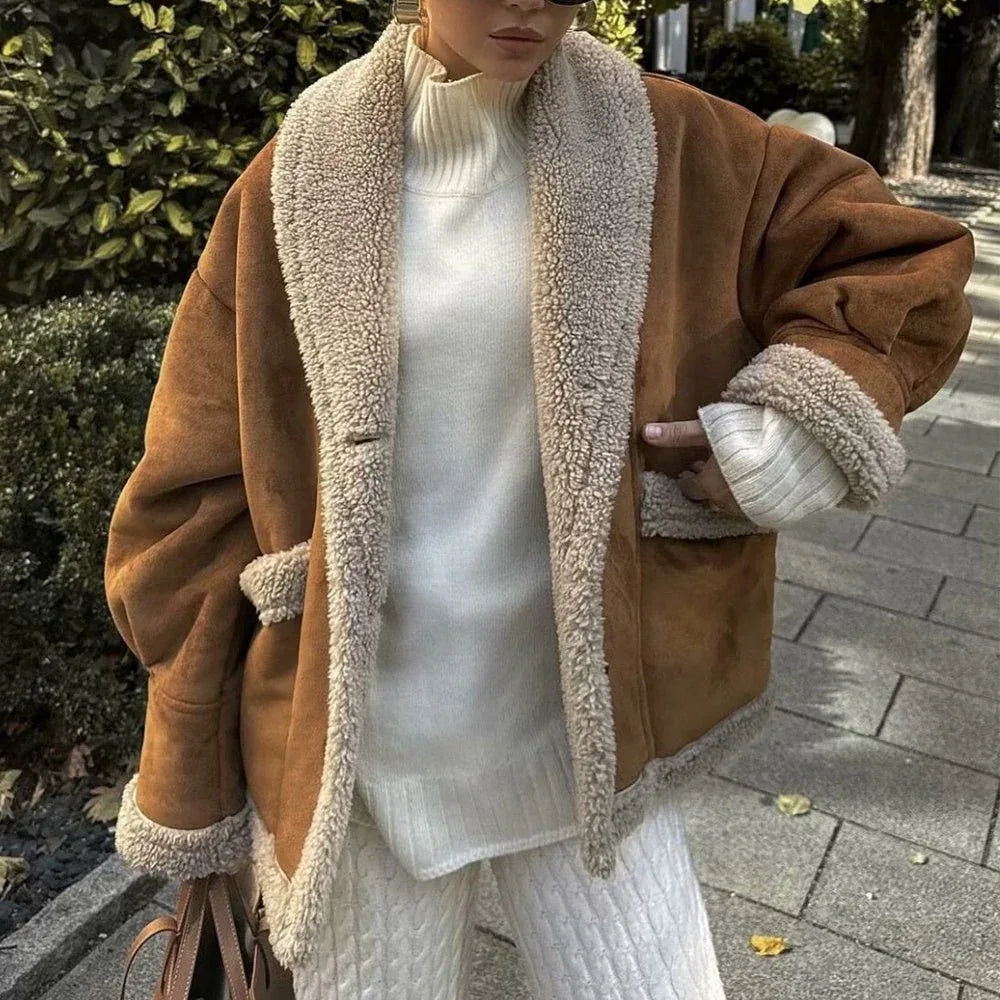 Wildleder-Mantel mit Reverskragen und Taschen Wintermodejacke für Damen