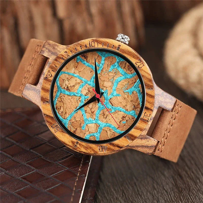 Montre unisexe en bois avec bracelet en cuir pour hommes et femmes