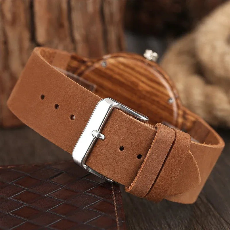 Montre unisexe en bois avec bracelet en cuir pour hommes et femmes