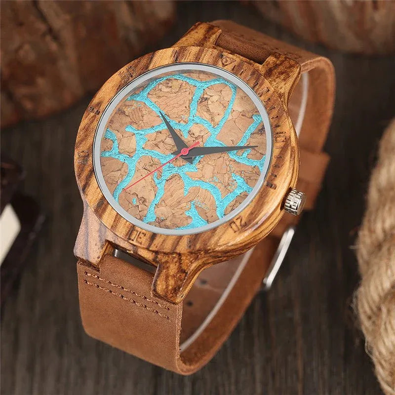 Montre unisexe en bois avec bracelet en cuir pour hommes et femmes