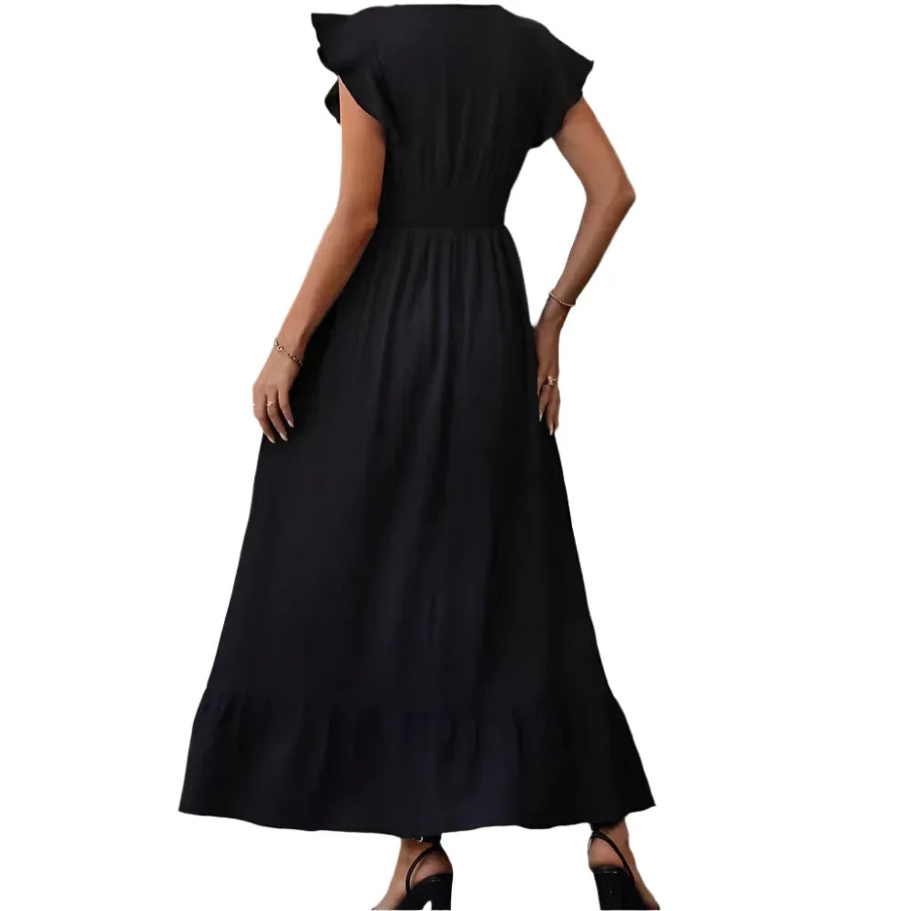 Robe décontractée unie à manches volantées et col en V
