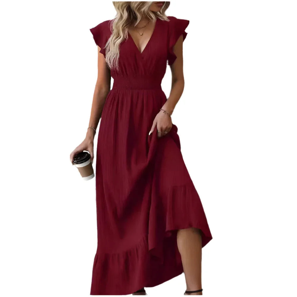 Robe décontractée unie à manches volantées et col en V