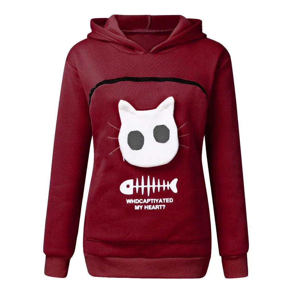 Sweat-shirt à capuche pour femme à manches longues avec poche chat