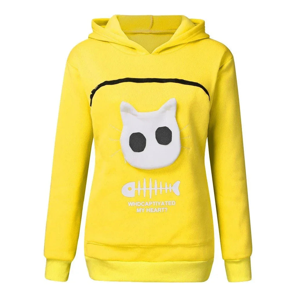 Sweat-shirt à capuche pour femme à manches longues avec poche chat