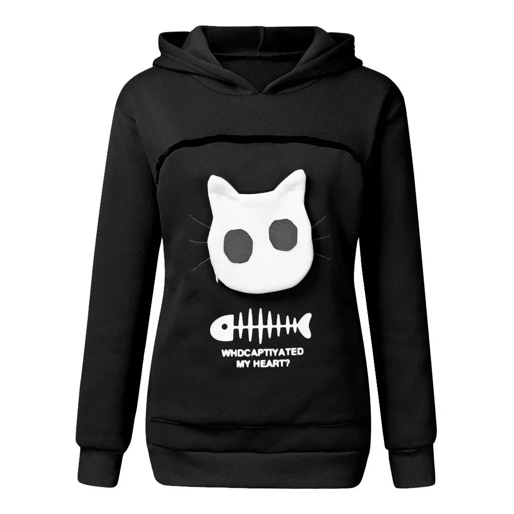 Sweat-shirt à capuche pour femme à manches longues avec poche chat