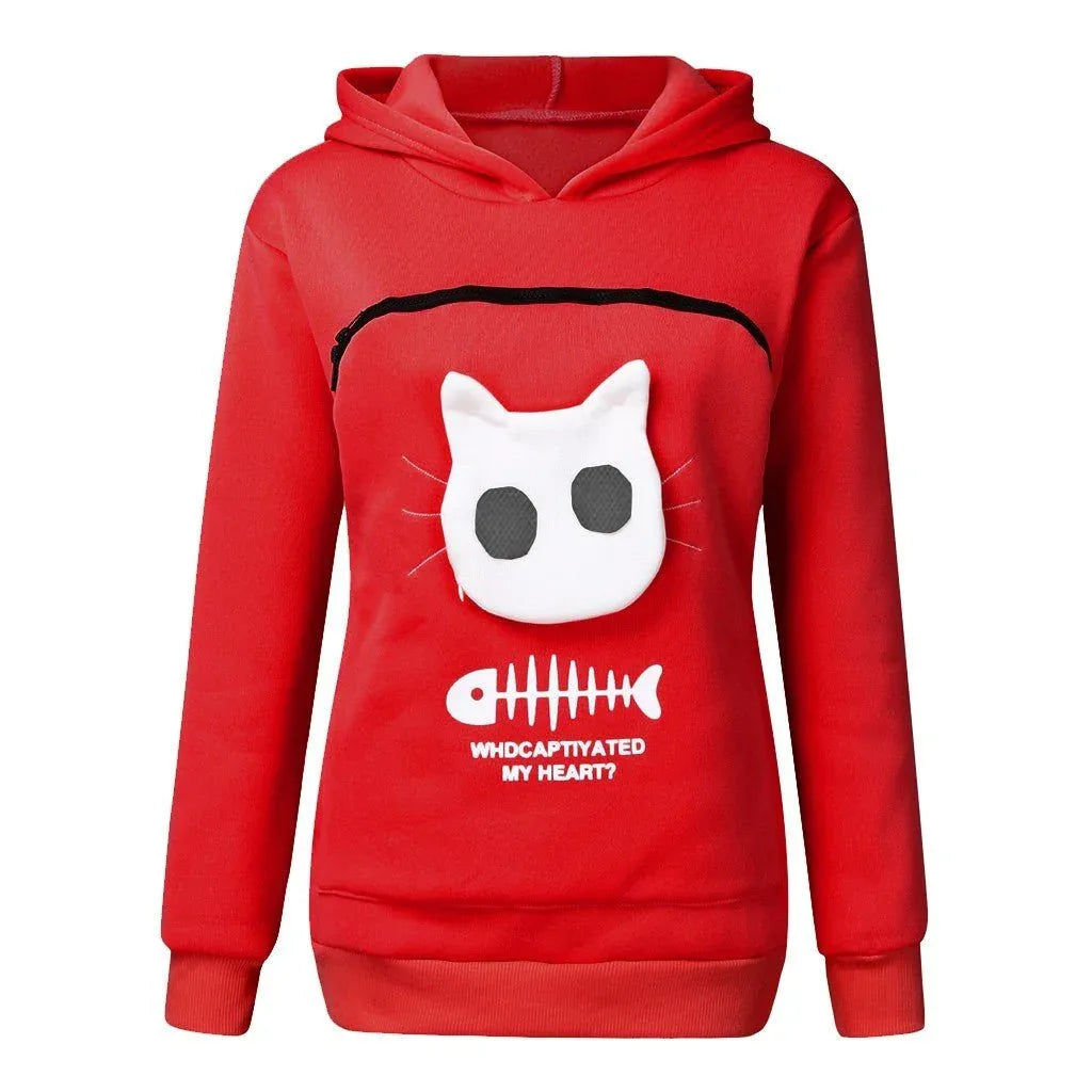 Sweat-shirt à capuche pour femme à manches longues avec poche chat