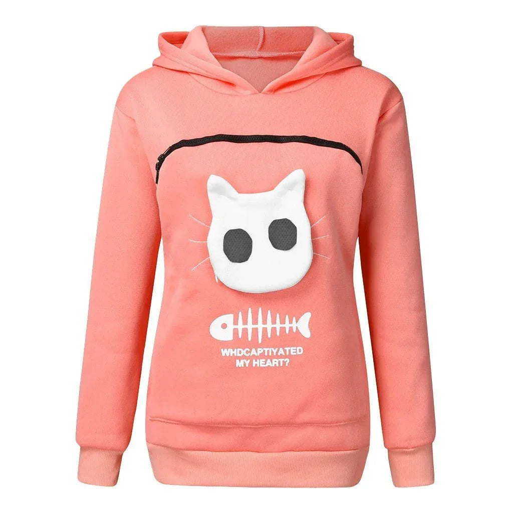 Sweat-shirt à capuche pour femme à manches longues avec poche chat